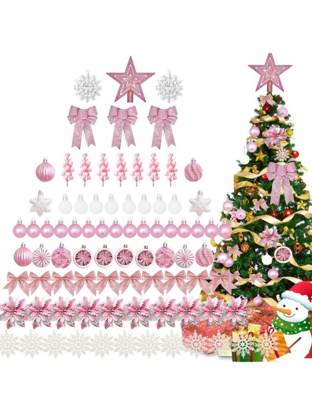 Pink Christmas Ornament Set - 88 Pcs with Glitter Flowers, Berries & Snowflakes